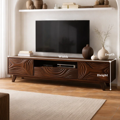 Handcrafted Solid Wood Carved TV Stand with Artistic Wave Design