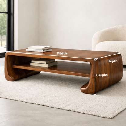 Handcrafted Solid Wood Sculptural Coffee Table with Open Shelf