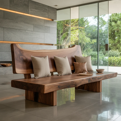 Handcrafted Solid Wood Sofa – Rustic Live Edge Wood Bench Couch with Sculpted Backrest Design Kitchnce