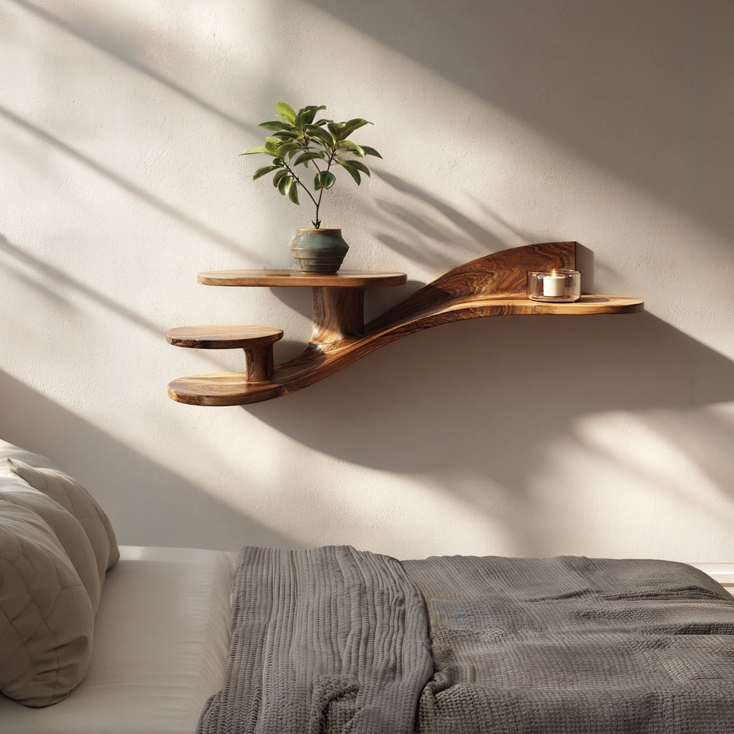 Multi-Tier Organic Floating Wall Shelf in Natural Wood