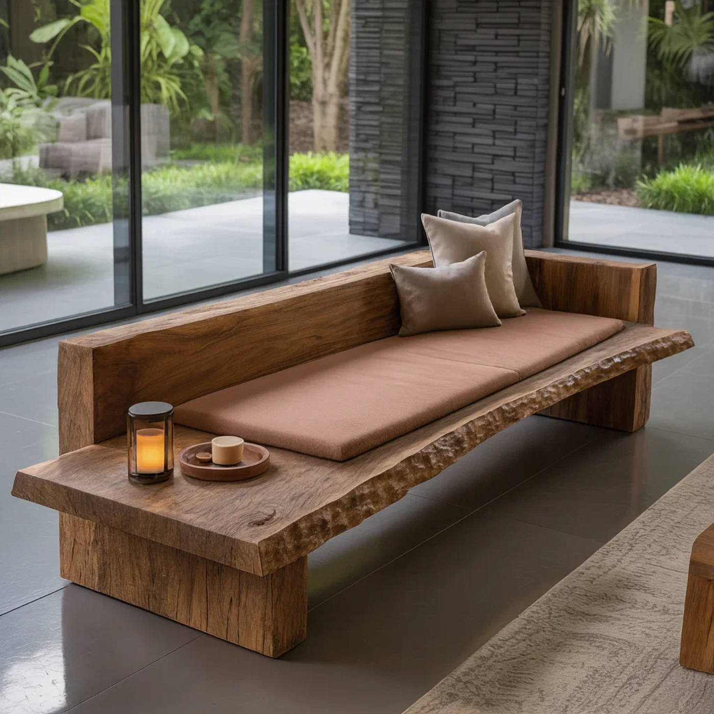 Handcrafted Solid Wood Sofa – Rustic Live Edge Bench Couch with Minimalist Design and Natural Finish Kitchnce