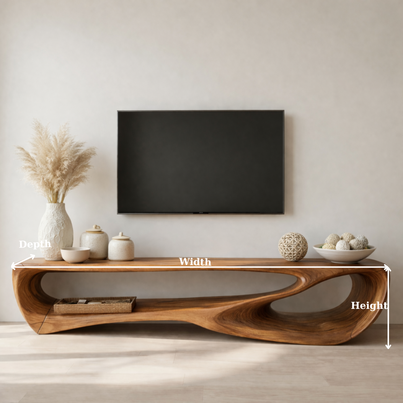 Handcrafted Solid Wood Sculptural TV Stand with Open Shelf Design