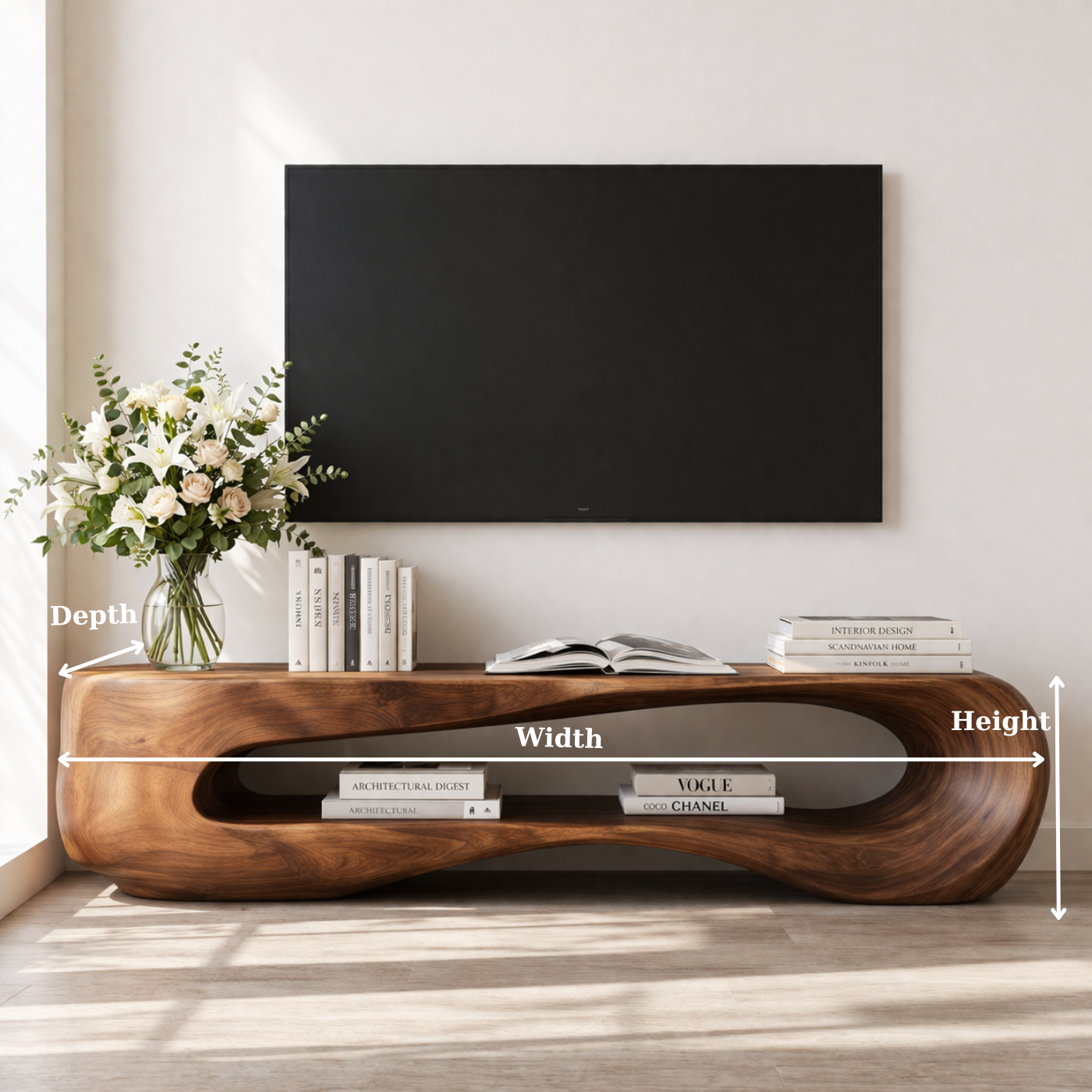 Solid Wood Sculptural TV Stand with Open Shelf and Organic Design