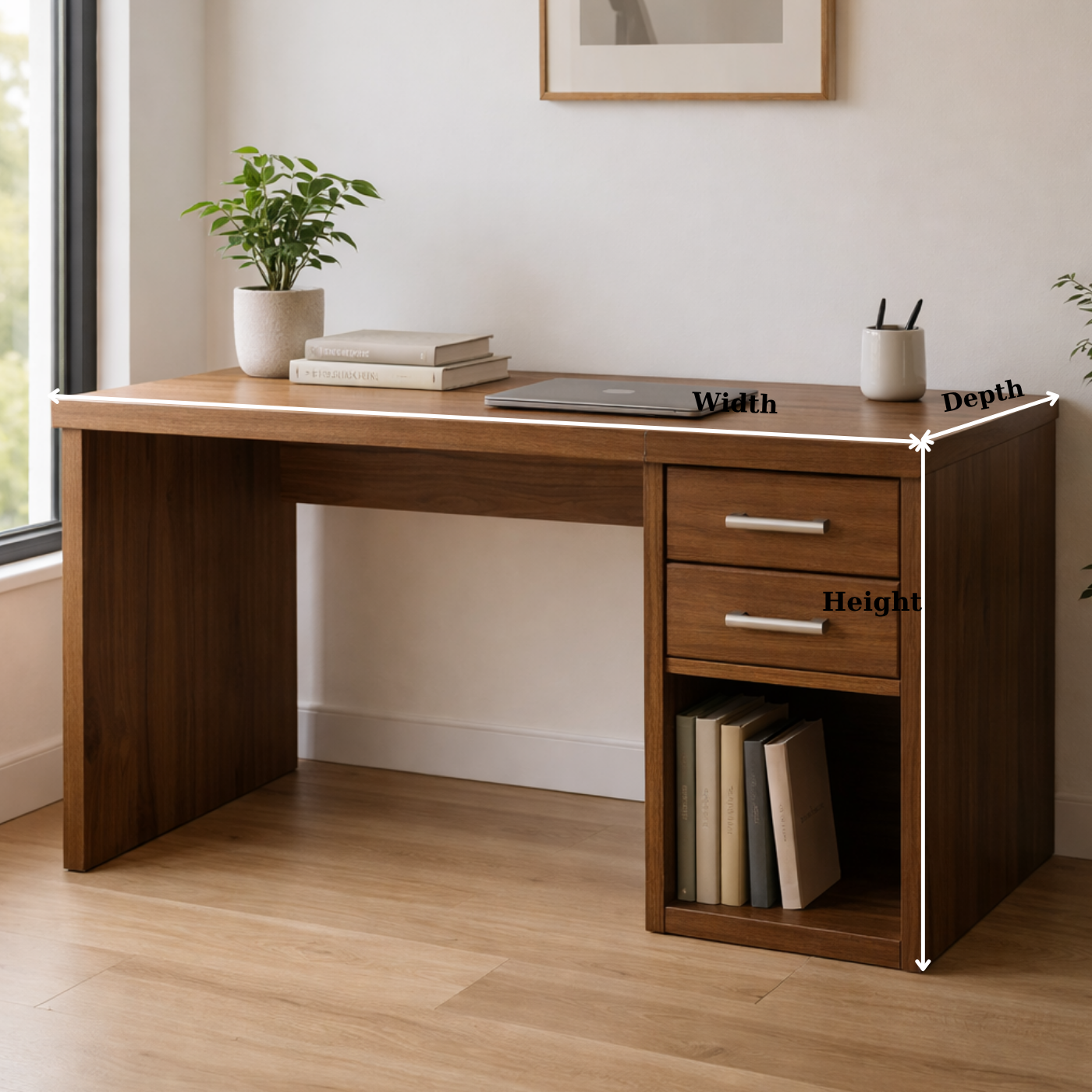 Solid Wood Desk with Drawers and Open Storage for Home Office