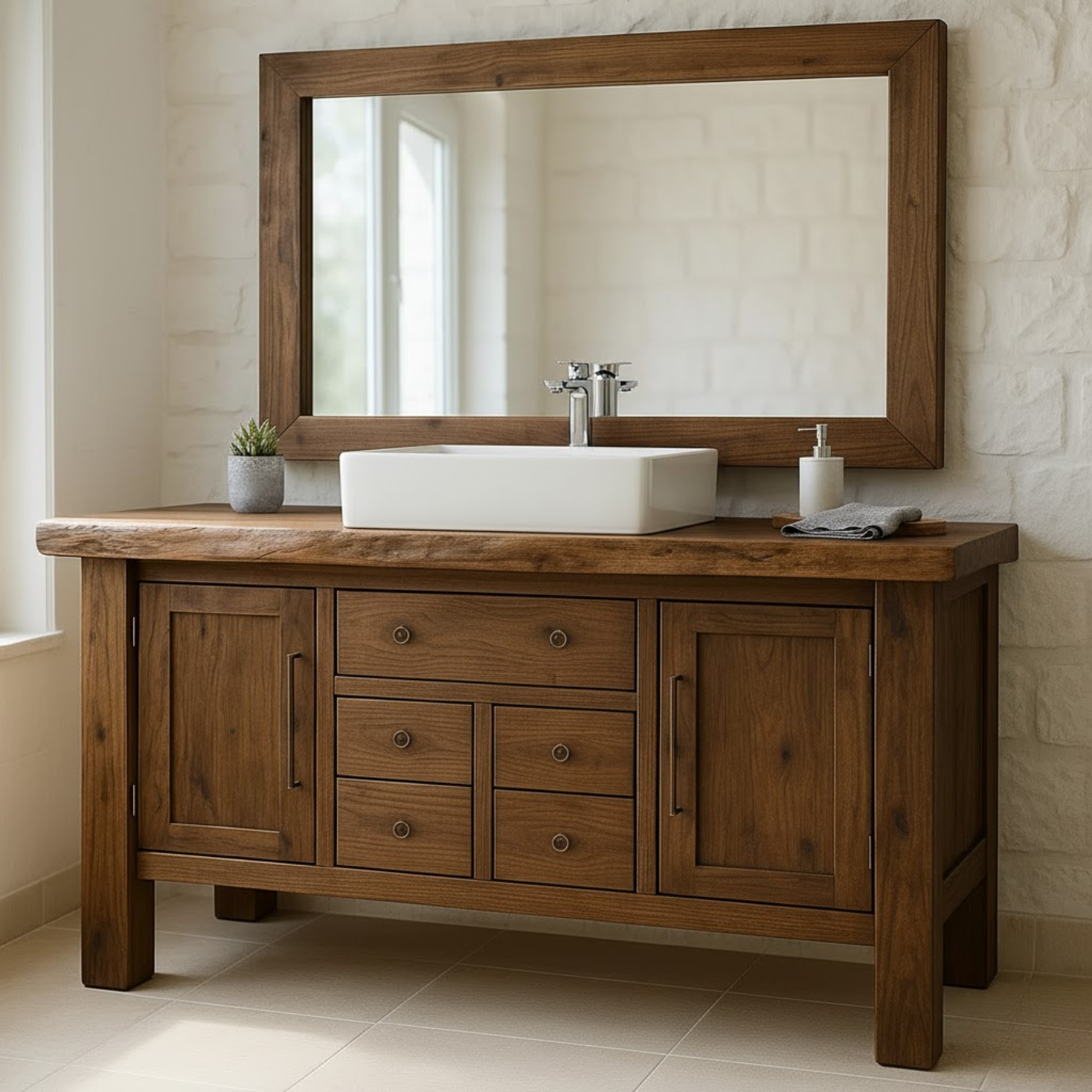 Handcrafted Solid Wood Bathroom Vanity - Live Edge Top, Cabinets, Drawers & Vessel Sink Base Kitchnce