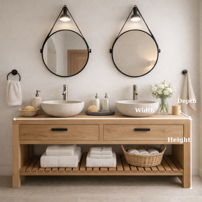 Scandinavian Solid Wood Double Sink Bathroom Vanity with Dual Drawers and Slatted Open Shelf