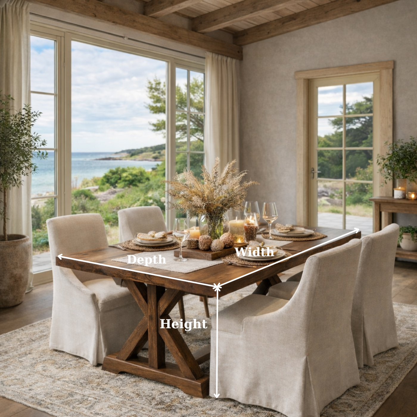 Coastal Rustic Solid Wood Dining Table with X-Base