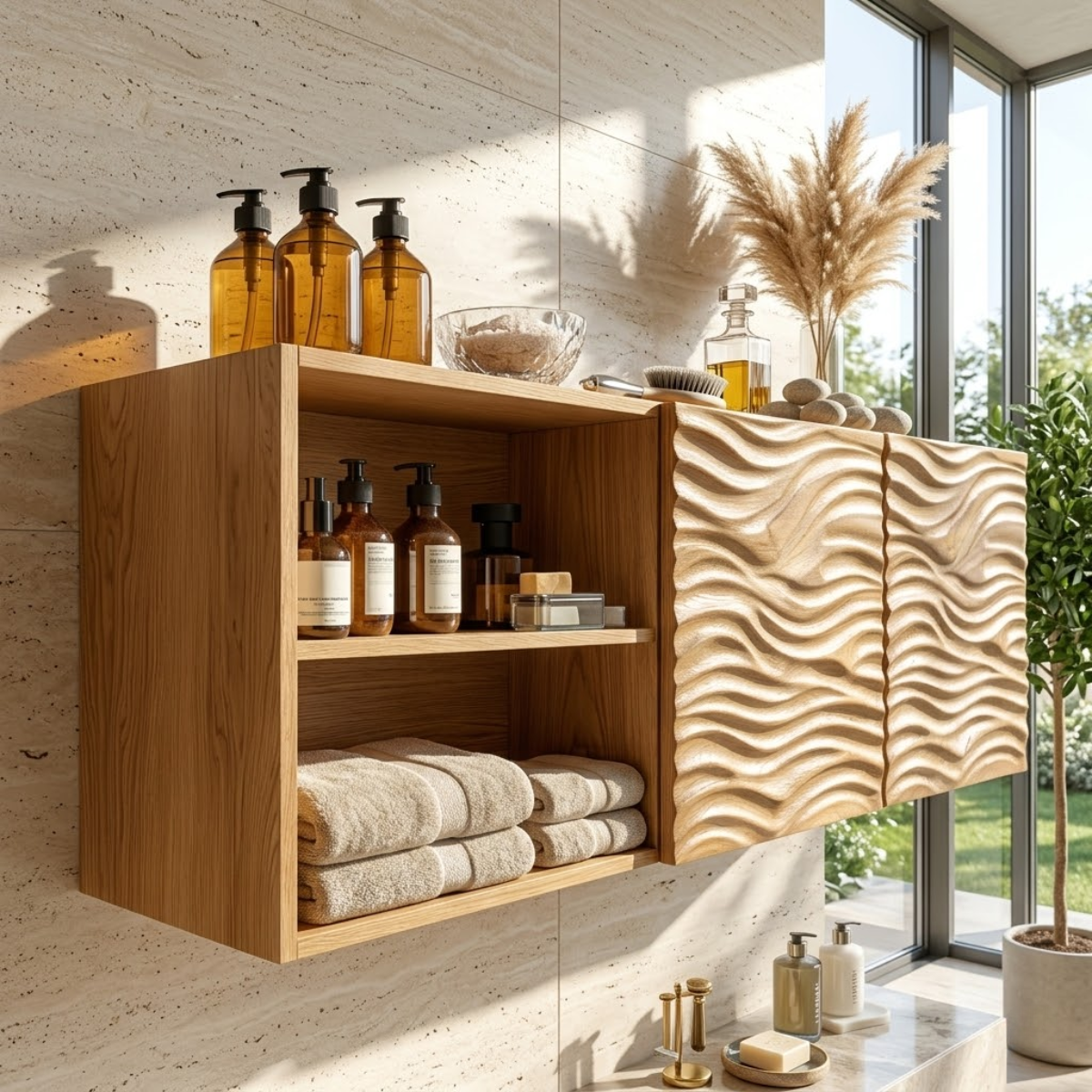Floating Bathroom Cabinet, Modern Wall Mounted Wavy Vanity Storage Shelf Organizer