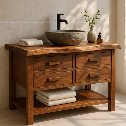 Handcrafted Solid Wood Bathroom Vanity with Live Edge Top and 4 Drawers Kitchnce