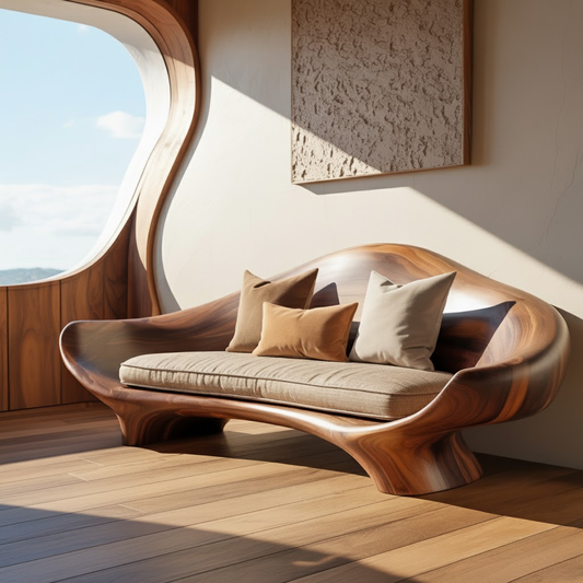 Handcrafted Solid Wood Sofa – Sculptural Organic Wood Couch with Smooth Curves and Linen Cushion Kitchnce