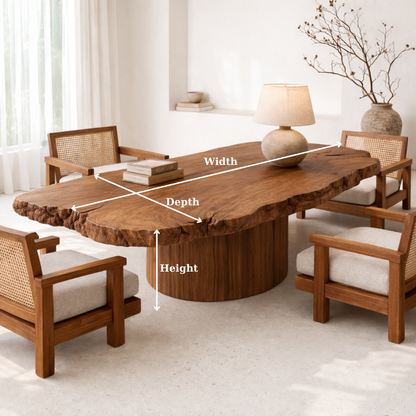 Handcrafted Solid Wood Coffee Table with Live Edge Top and Sculptural Base