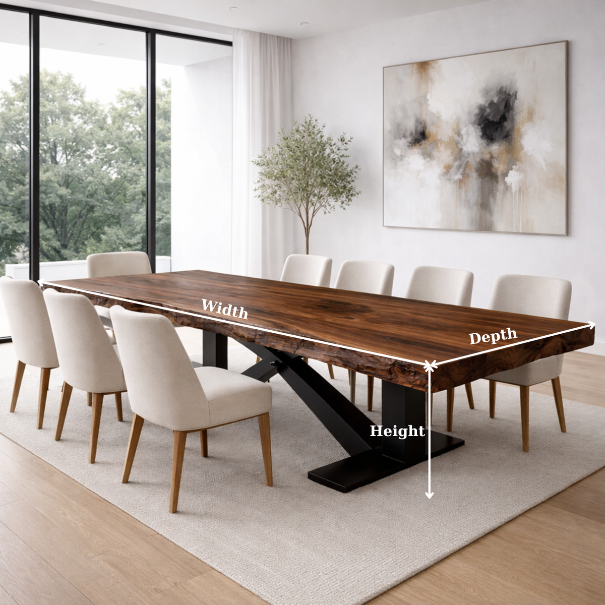 Handcrafted Solid Wood Dining Table with Live Edge Top and Modern Metal Base
