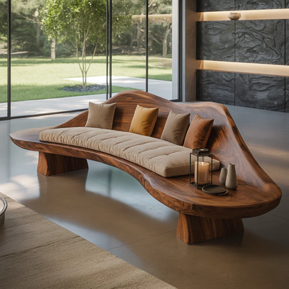 Handcrafted Solid Wood Sofa – Sculptural Wave-Form Wood Couch with Organic Curves and Cushion Seat Kitchnce