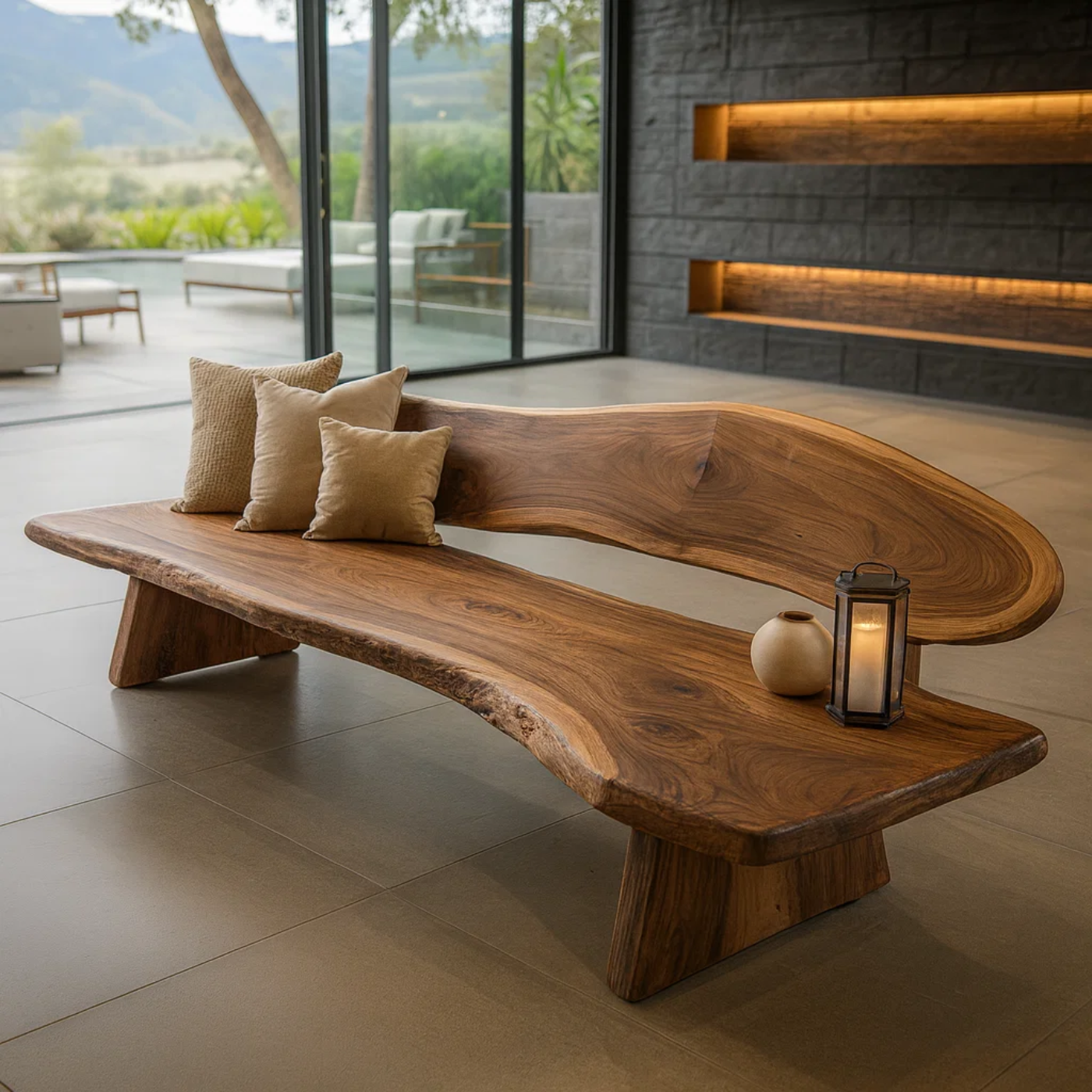 Handcrafted Solid Wood Sofa – Rustic Live Edge Sculptural Bench Couch with Organic Flowing Form Kitchnce