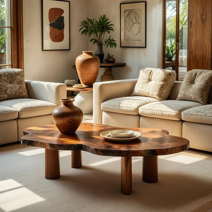 Organic Live Edge Natural Wood Coffee Table with Cylindrical Leg Base