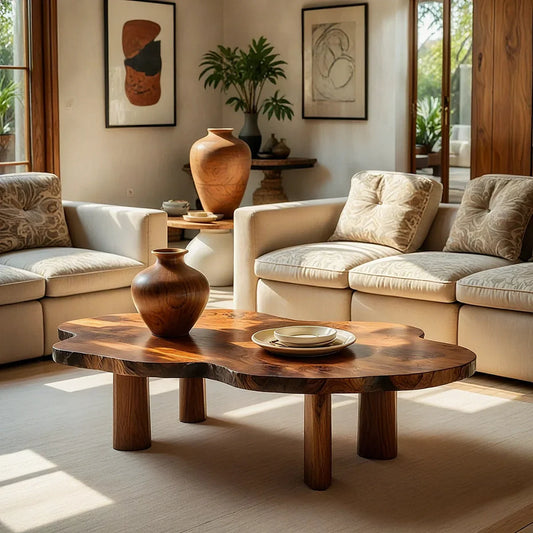Organic Live Edge Natural Wood Coffee Table with Cylindrical Leg Base