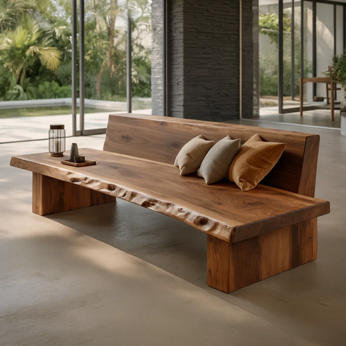 Handcrafted Solid Wood Sofa – Sculptural Organic Form with Smooth Curves and Elegant Cushion Detailing Kitchnce
