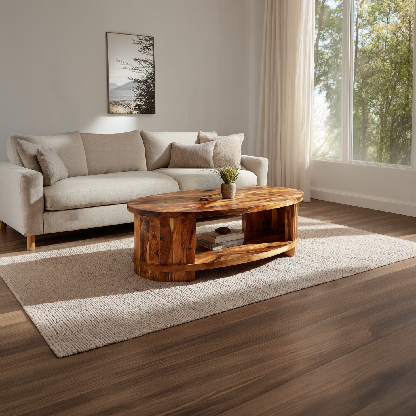 Oval Coffee Table with Curved Frame and Open Storage Shelf