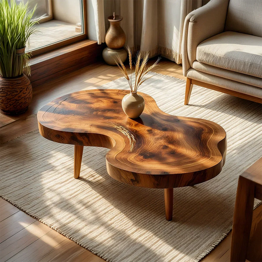 Freeform Natural Wood Coffee Table with Smooth Contoured Edge
