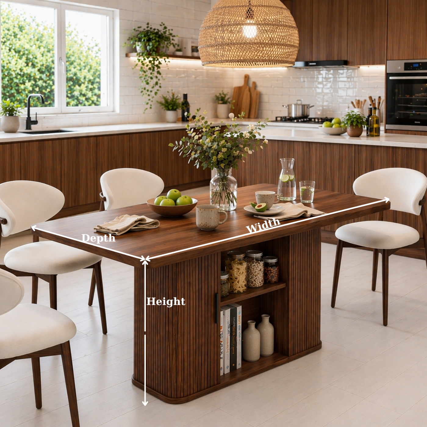 Solid Wood Dining Table with Storage – Walnut Kitchen Table with Fluted Base