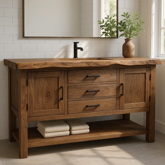 Solid Wood Bathroom Vanity with 3 Drawers, Double Door Cabinet, and Open Bottom Shelf