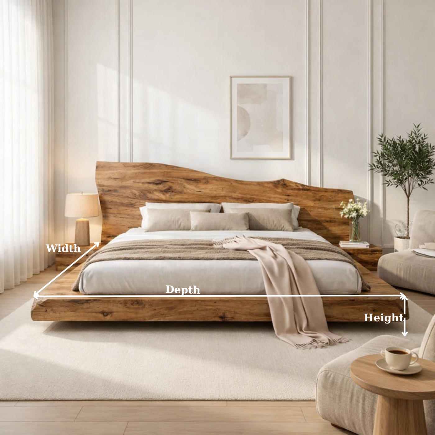 Solid Wood Platform Bed with Live Edge Headboard – Rustic Natural Wood Bed Frame, Modern Minimalist Bedroom Furniture