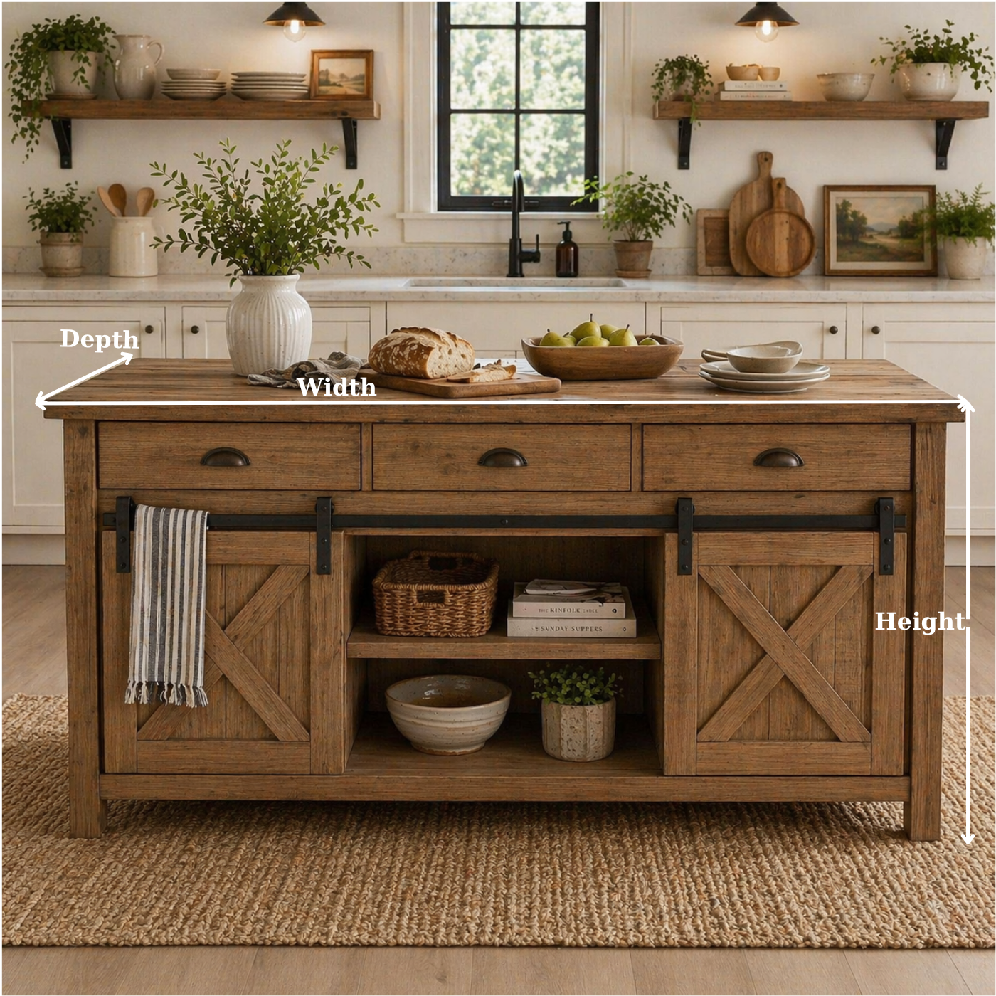 Solid Wood Kitchen Island with Sliding Barn Doors – Rustic Farmhouse Kitchen Table, Wooden Prep Island with Storage