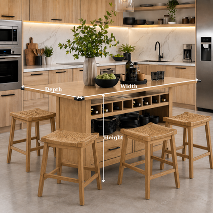 Solid Wood Kitchen Island with Wine Rack & Storage – Rustic Walnut Kitchen Table, Large Prep Island with Shelves & Drawer