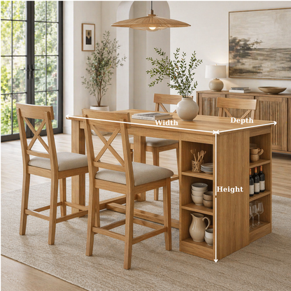 Solid Wood Dining Table with Storage Shelf – Oak Kitchen Island Table with Wine Rack, Modern Farmhouse Dining Table