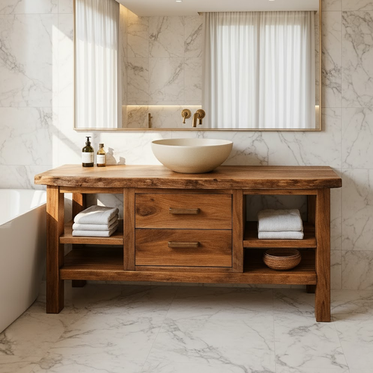 Solid Wood Bathroom Vanity with Center Drawers and Open Side Shelves for Contemporary Bathrooms