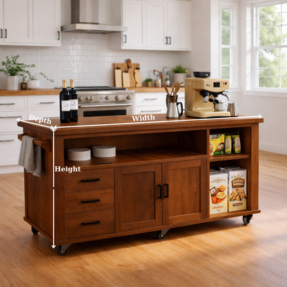 Solid Wood Kitchen Island with Storage & Shelves – Rolling Kitchen Cart with Drawers, Cabinets & Open Storage