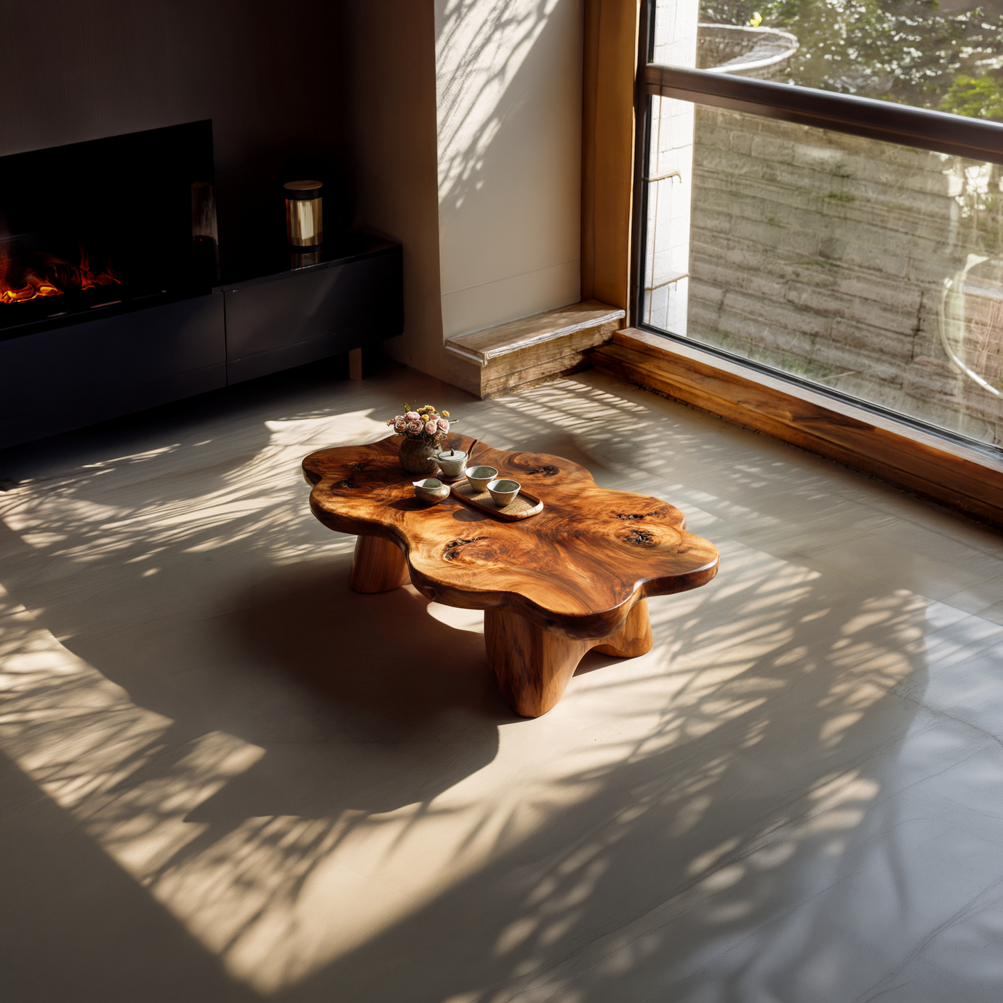 Organic Live Edge Coffee Table with Sculpted Solid Base