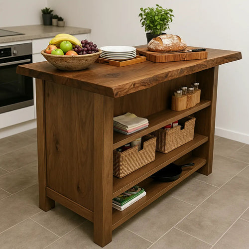Handcrafted Solid Wood Kitchen Island - Rustic Live Edge & Open Shelves Kitchnce