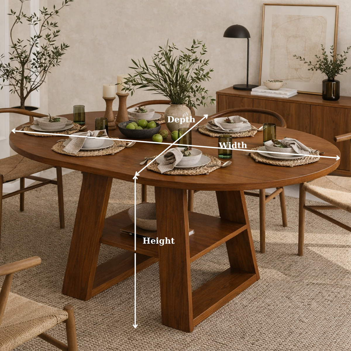 Solid Wood Dining Table – Walnut Pedestal Table with Open Shelf Base