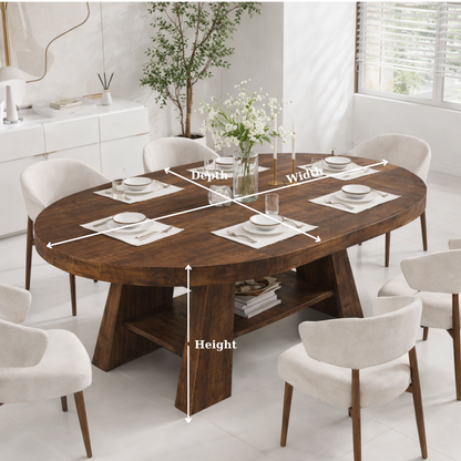 Oval Live Edge Solid Wood Dining Table – Dark Walnut Pedestal Table with Storage Shelf