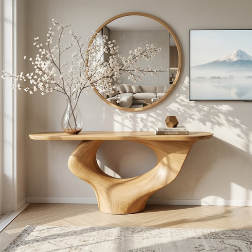 Solid Wood Console Table with Sculptural Base, Modern Minimalist Design