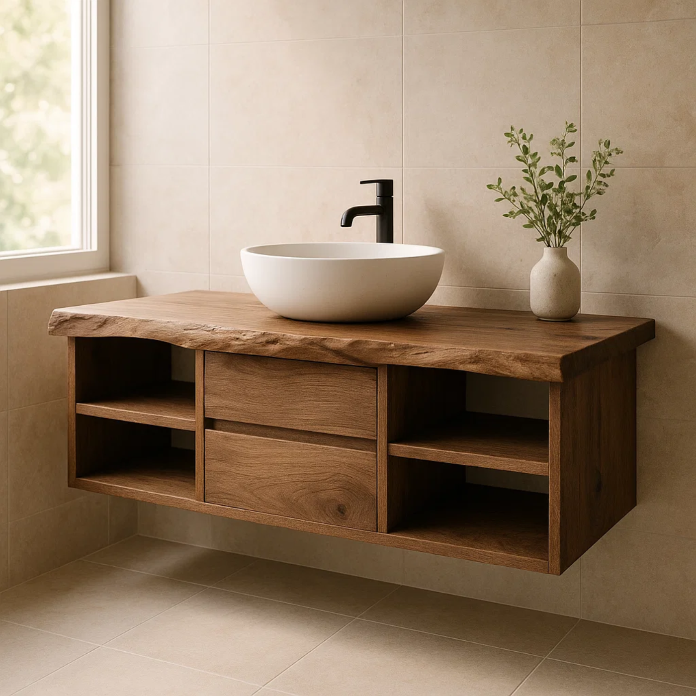 Handcrafted Solid Wood Floating Vanity - Live Edge Console with Central Drawers & Open Shelving Kitchnce