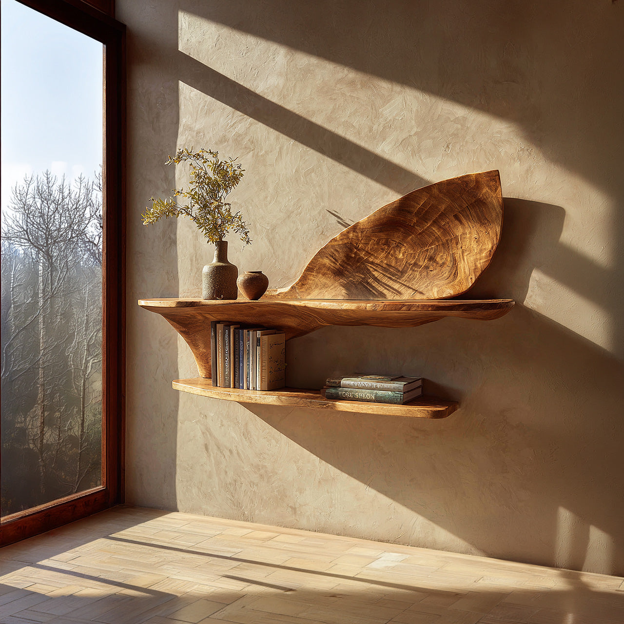 Two-Tier Sculptural Wall Shelf in Natural Wood with Organic Form