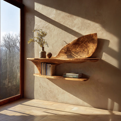 Two-Tier Sculptural Wall Shelf in Natural Wood with Organic Form