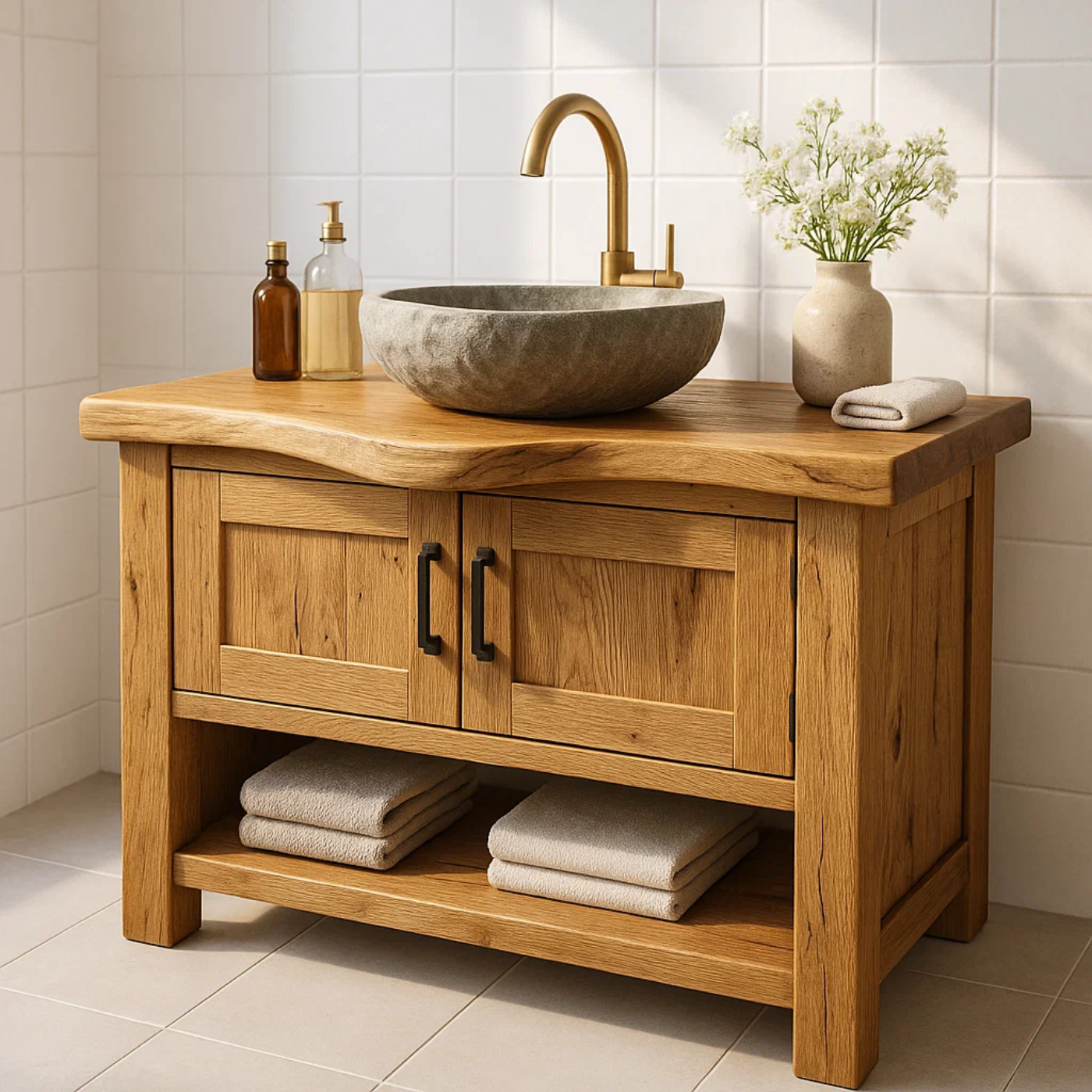 Handcrafted Solid Wood Bathroom Vanity - Rustic Live Edge Cabinet & Open Shelf Kitchnce