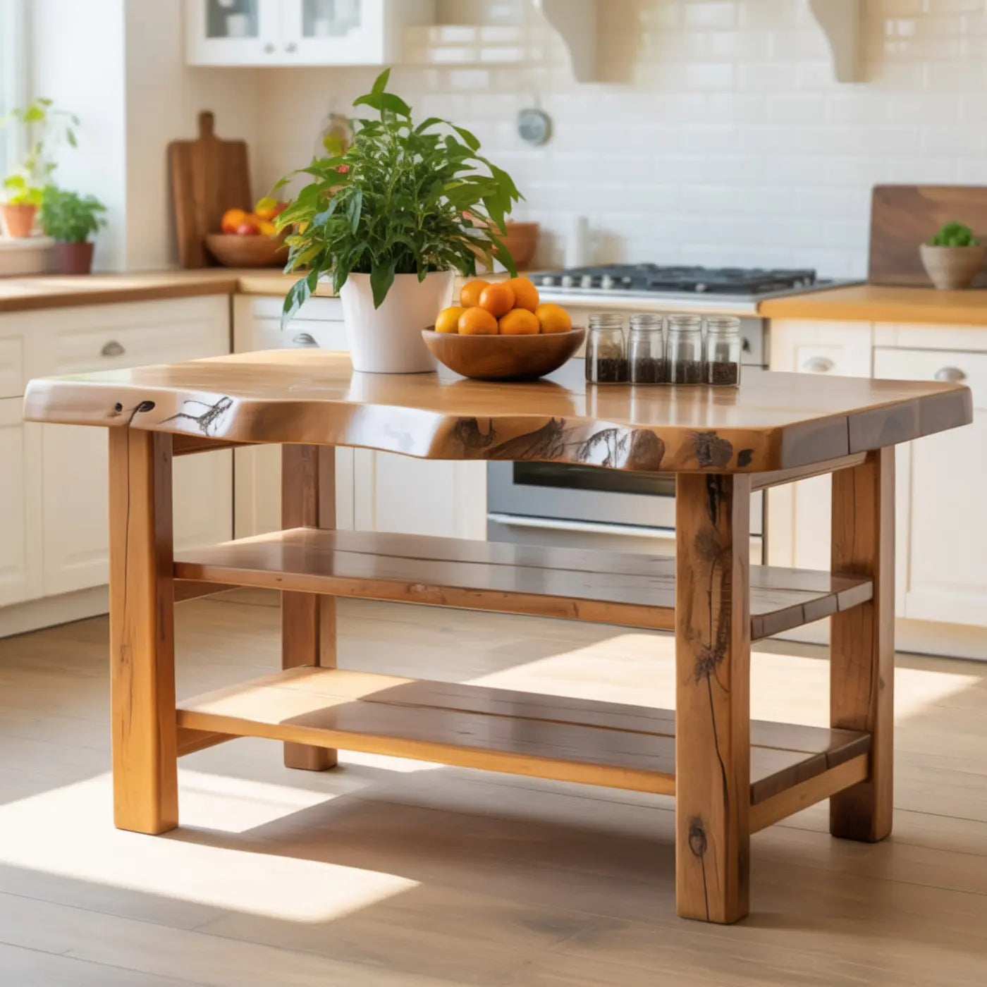 Handcrafted Solid Wood Kitchen Island - Natural Live-Edge Top & Open Shelving Kitchnce