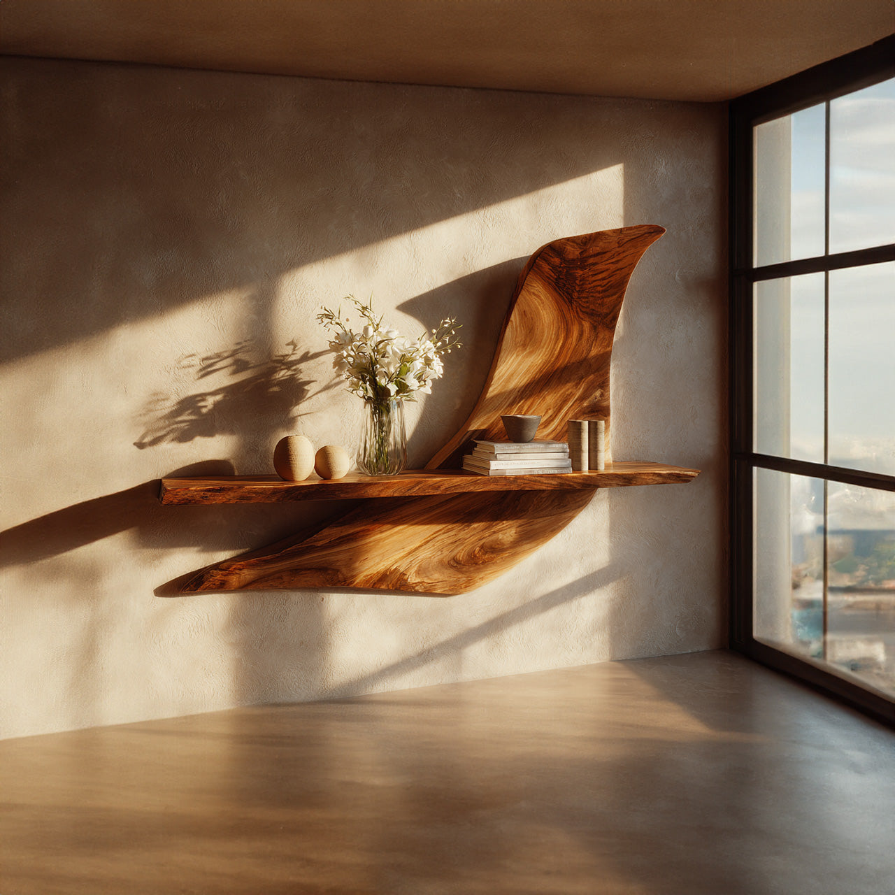 Asymmetrical Wall-Mounted Shelf in Natural Wood with Sculptural Form