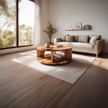 Round Solid Wood Coffee Table with Open Shelf Storage