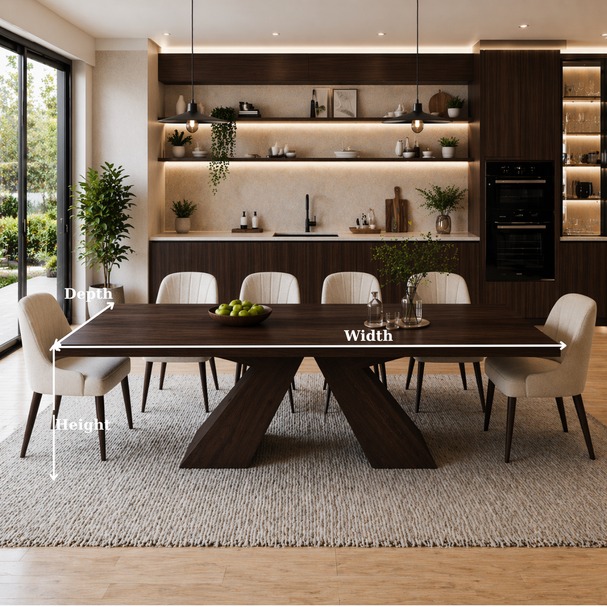 Solid Wood Dining Table with Sculptural X Base – Modern Walnut Rectangular Dining Table