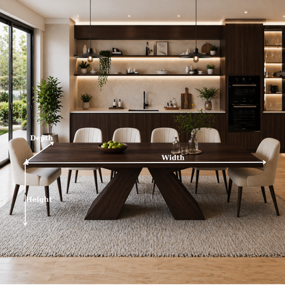 Solid Wood Dining Table with Sculptural X Base – Modern Walnut Rectangular Dining Table