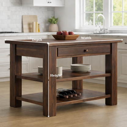 Solid Wood Kitchen Island Table with Storage – Walnut Prep Table with Drawer & Open Shelves