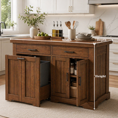 Solid Wood Kitchen Island with Trash Storage – Prep Table with Cabinets