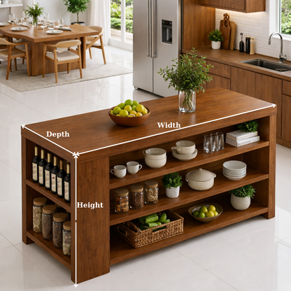 Solid Wood Kitchen Island with Open Shelves – Storage Prep Table