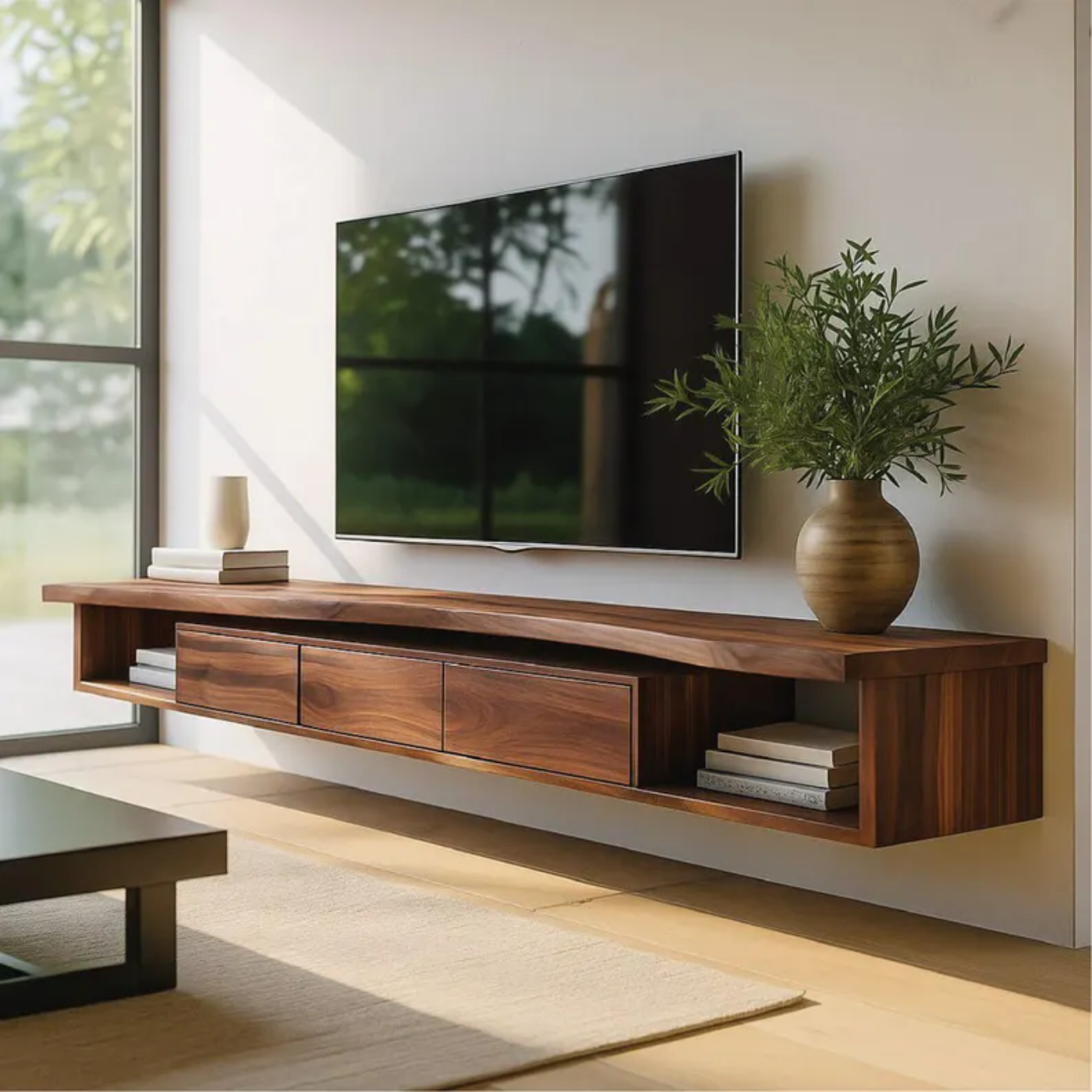 Handcrafted Solid Wood Floating TV Stand, Modern Live Edge Media Cabinet with Drawers Kitchnce
