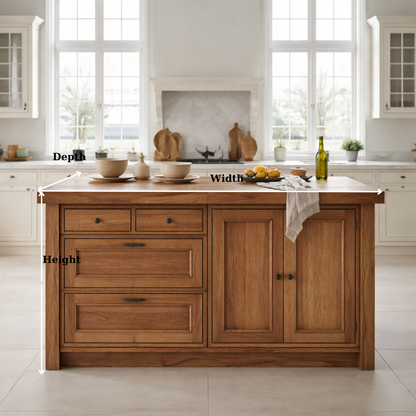 Solid Wood Kitchen Island with Drawers & Cabinet – Farmhouse Kitchen Storage Table